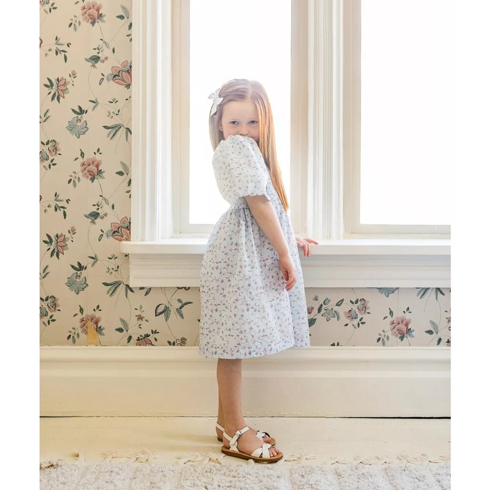 Toddler Girl Organic Cotton Bubble Sleeve Floral Dress, Light Blue